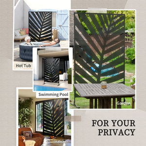 Decorative Privacy Screen with Stand, 6.5FT Freestanding Metal Outdoor Divider, Decorative Privacy Panel with Expansion Screws for Garden Patio Pool Hot Tub, Banana Leaf Style, Black