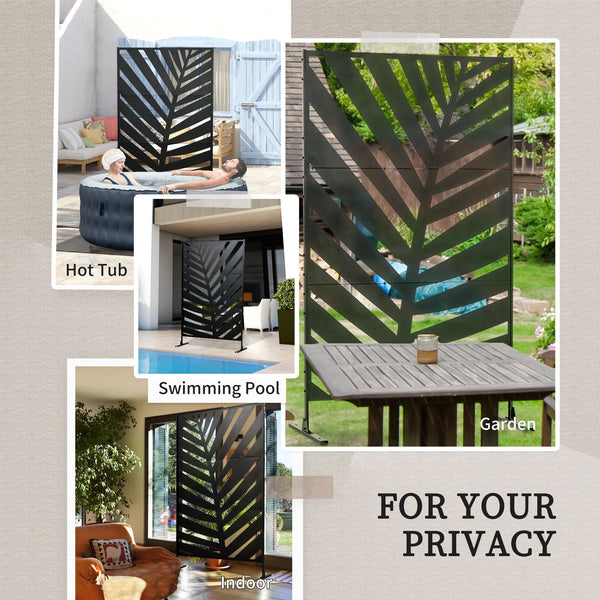 Decorative Privacy Screen with Stand, 6.5FT Freestanding Metal Outdoor Divider, Decorative Privacy Panel with Expansion Screws for Garden Patio Pool Hot Tub, Banana Leaf Style, Black