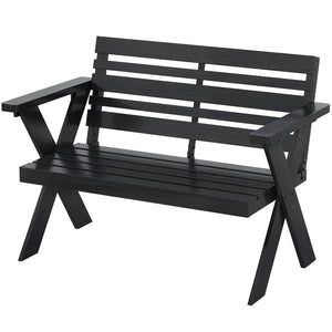 2 Seater Wooden Garden Bench, Slatted Patio Bench with Armrest and Backrest, Outdoor Furniture with X-Frame Legs for Park, Balcony, Terrace, Black