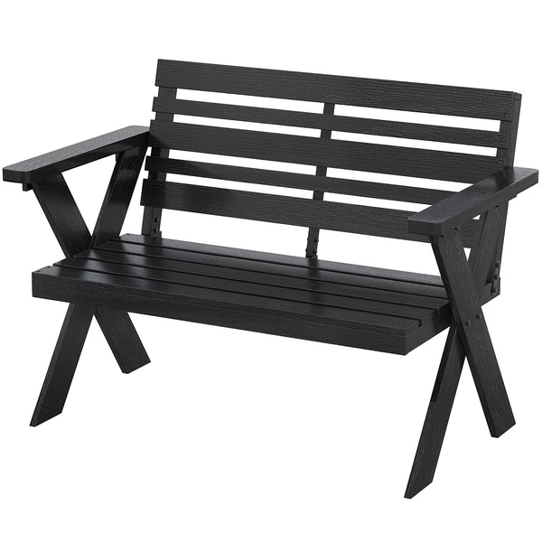 2 Seater Wooden Garden Bench, Slatted Patio Bench with Armrest and Backrest, Outdoor Furniture with X-Frame Legs for Park, Balcony, Terrace, Black