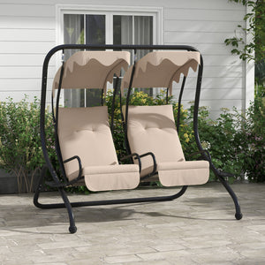 Canopy Swing Chair Modern Garden Swing Seat Outdoor Relax Chairs w/ 2 Separate Chairs, Cushions and Removable Shade Canopy, Beige