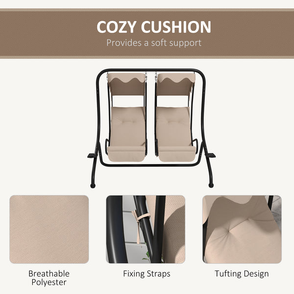 Luxury Patio Swing Metal Outdoor Porch Swing Chair 2 Separated Seater Hammock Heavy-Duty with Canopy and Cushions, Beige