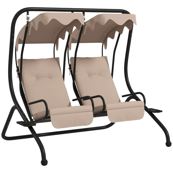 Luxury Patio Swing Metal Outdoor Porch Swing Chair 2 Separated Seater Hammock Heavy-Duty with Canopy and Cushions, Beige