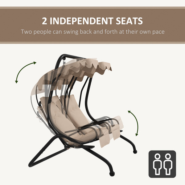 Luxury Patio Swing Metal Outdoor Porch Swing Chair 2 Separated Seater Hammock Heavy-Duty with Canopy and Cushions, Beige