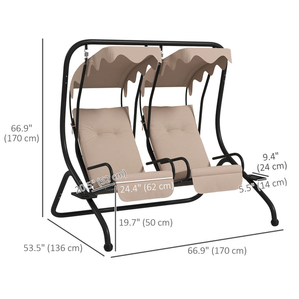 Luxury Patio Swing Metal Outdoor Porch Swing Chair 2 Separated Seater Hammock Heavy-Duty with Canopy and Cushions, Beige