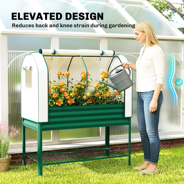 Galvanised Raised Garden Bed with Greenhouse Cover, Metal Elevated Garden Bed with Legs, Bed Liner and Bottom Shelf, Outdoor Raised Planter Box for Vegetables, Herbs, Flowers, Green