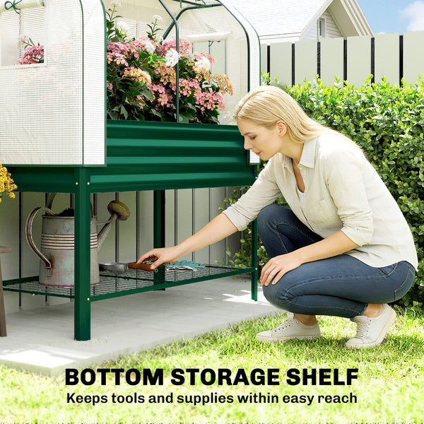 Galvanised Raised Garden Bed with Greenhouse Cover, Metal Elevated Garden Bed with Legs, Bed Liner and Bottom Shelf, Outdoor Raised Planter Box for Vegetables, Herbs, Flowers, Green