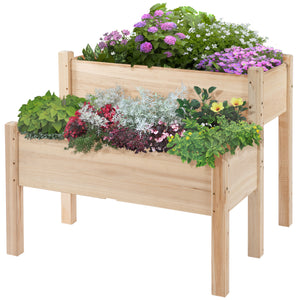 Outsunny 34"x34"x28" Raised Garden Bed, 2-Tier Elevated Wood Planter Box for Backyard, Patio to Grow Vegetables, Herbs, and Flowers, Natural