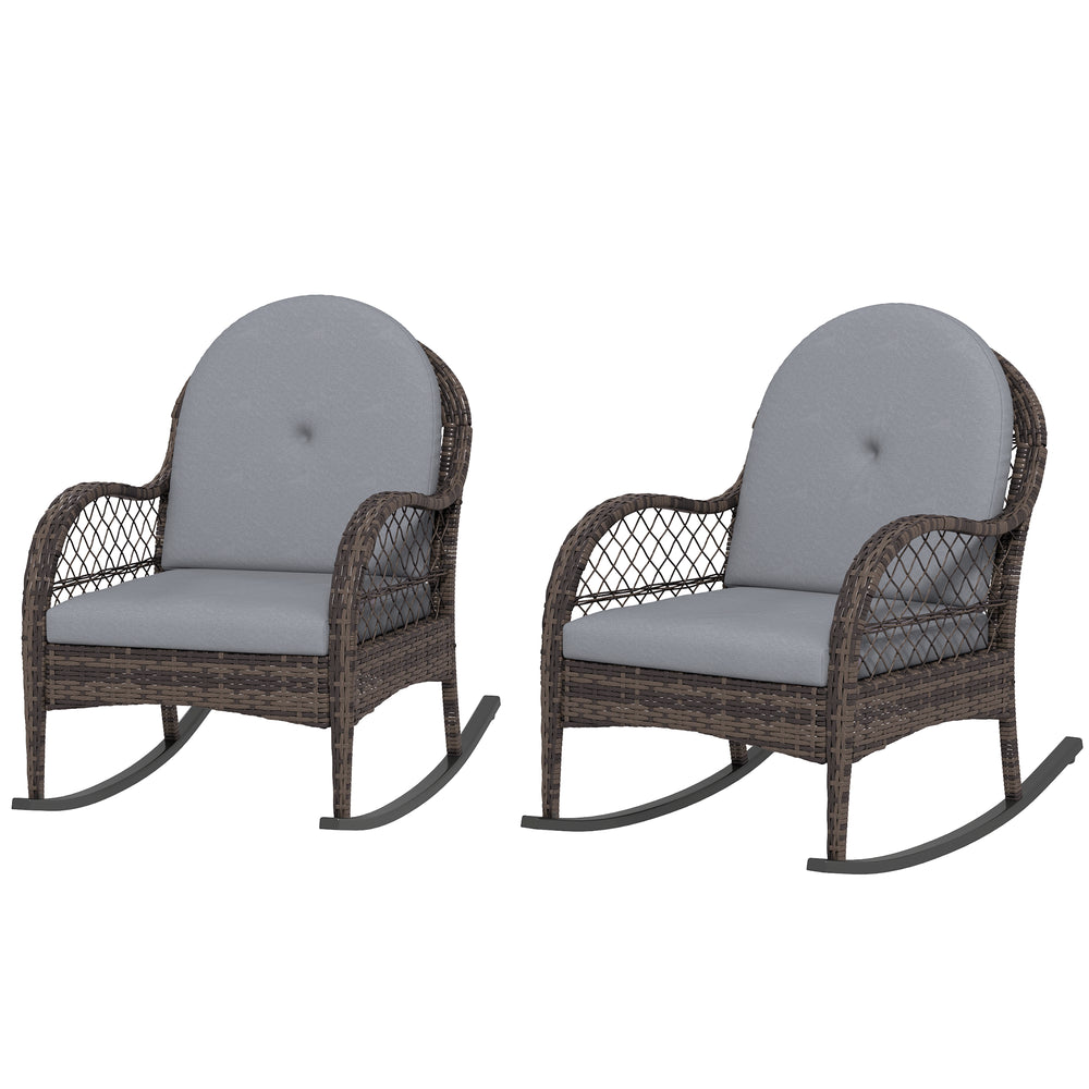 Wicker Outdoor Rocking Chair Set of 2, Rattan Patio Rocking Chairs with Cushions and Curved Armrests, Indoor Outdoor Rocker for Porch, Backyard, Poolside, Grey