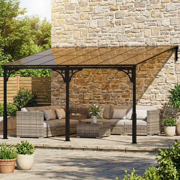 4 x 3 m Metal Lean-to Pergola, Wall-Mounted Garden Pergola with Polycarbonate Roof and Metal-Aluminium Frame, Heavy Duty Hardtop Gazebo for Outdoor Patios, BBQ, Brown