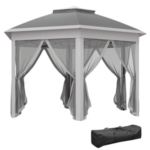 3 x 4m Garden Gazebo Hexagon Pop Up Party Tent Canopy Double Roof Instant Shelter with Netting and Carry Bag for Outdoor Patio, Dark Grey