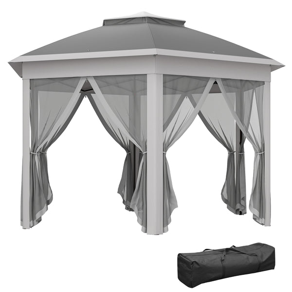 3 x 4m Garden Gazebo Hexagon Pop Up Party Tent Canopy Double Roof Instant Shelter with Netting and Carry Bag for Outdoor Patio, Dark Grey