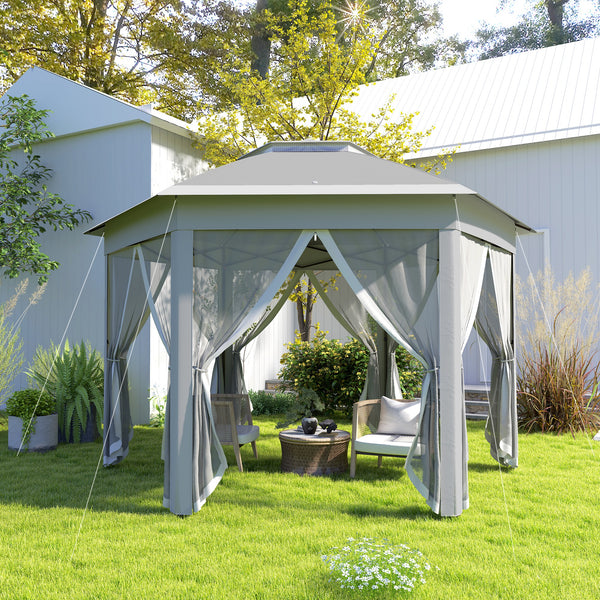 3 x 4m Garden Gazebo Hexagon Pop Up Party Tent Canopy Double Roof Instant Shelter with Netting and Carry Bag for Outdoor Patio, Dark Grey