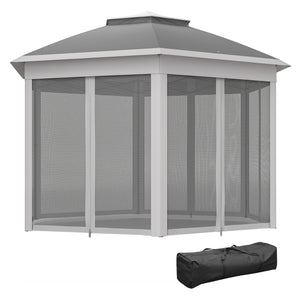 3 x 4m Garden Gazebo Hexagon Pop Up Party Tent Canopy Double Roof Instant Shelter with Netting and Carry Bag for Outdoor Patio, Dark Grey