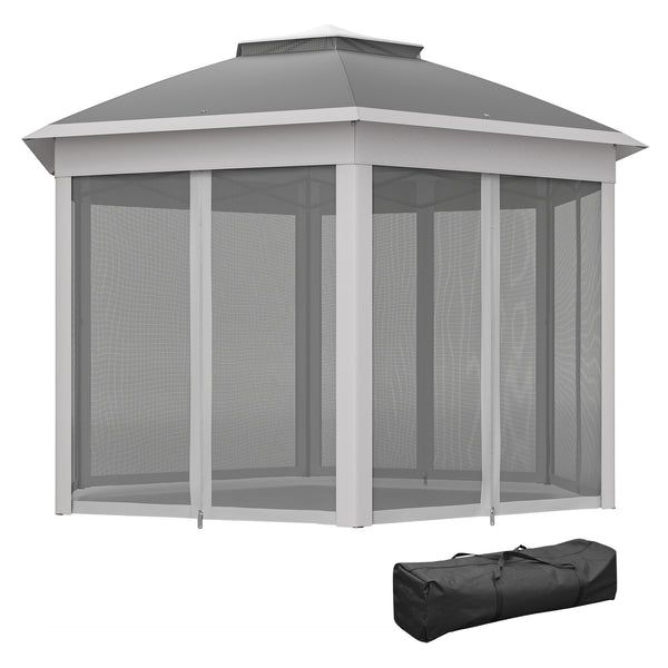 3 x 4m Garden Gazebo Hexagon Pop Up Party Tent Canopy Double Roof Instant Shelter with Netting and Carry Bag for Outdoor Patio, Dark Grey