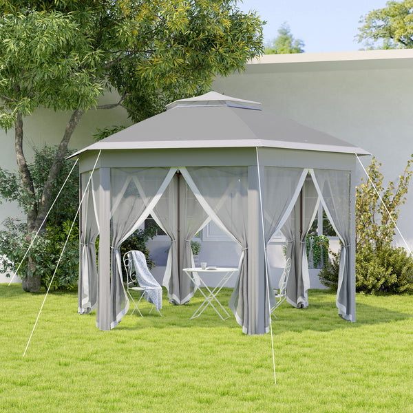 3 x 4m Garden Gazebo Hexagon Pop Up Party Tent Canopy Double Roof Instant Shelter with Netting and Carry Bag for Outdoor Patio, Dark Grey