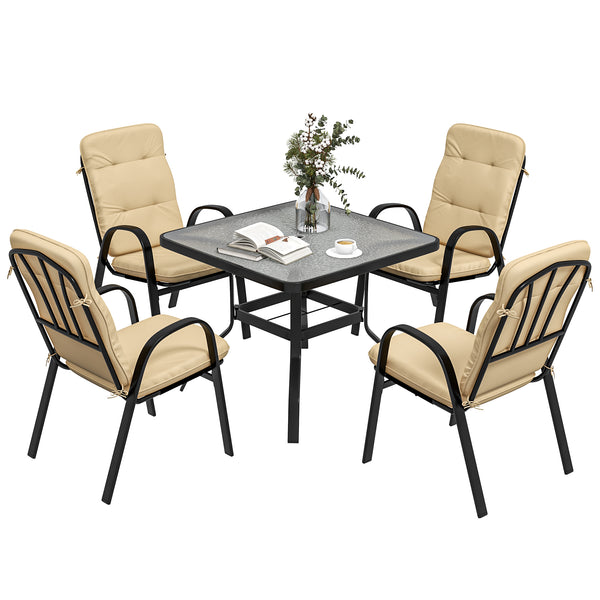 5 Pieces Garden Dining Set, Outdoor Square Dining Table and 4 Cushioned Armchairs, Tempered Glass Top Table w/ Umbrella Hole, Texteline Seats, Beige