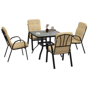 5 Pieces Garden Dining Set, Outdoor Square Dining Table and 4 Cushioned Armchairs, Tempered Glass Top Table w/ Umbrella Hole, Texteline Seats, Beige