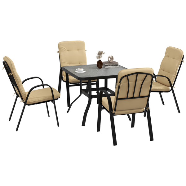 5 Pieces Garden Dining Set, Outdoor Square Dining Table and 4 Cushioned Armchairs, Tempered Glass Top Table w/ Umbrella Hole, Texteline Seats, Beige
