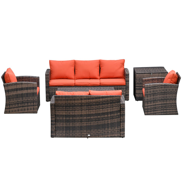6 Pieces Rattan Garden Furniture Set, 7 Seater Wicker Outdoor Furniture Set with Storage Tea Table & Side Table, Sectional Garden Sofa Set with Cushions, Orange