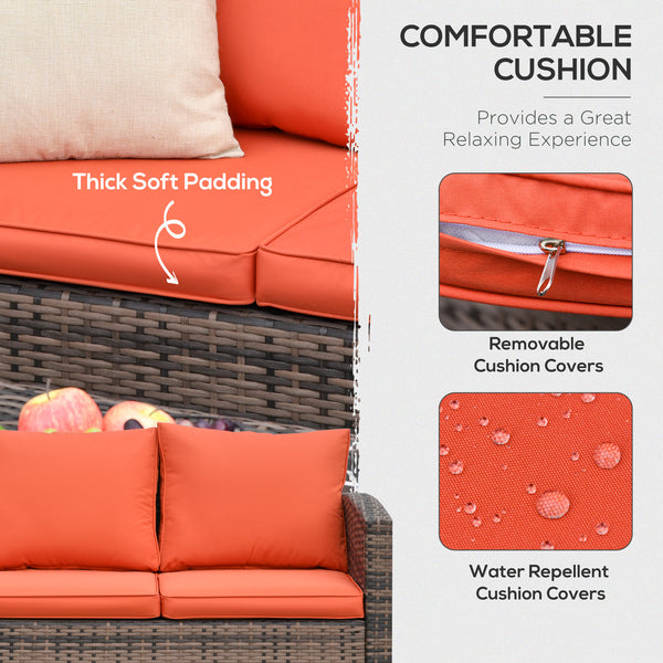 6 Pieces Rattan Garden Furniture Set, 7 Seater Wicker Outdoor Furniture Set with Storage Tea Table & Side Table, Sectional Garden Sofa Set with Cushions, Orange