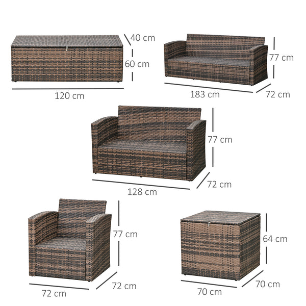 6 Pieces Rattan Garden Furniture Set, 7 Seater Wicker Outdoor Furniture Set with Storage Tea Table & Side Table, Sectional Garden Sofa Set with Cushions, Orange