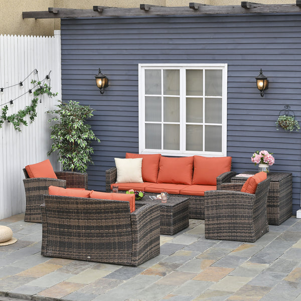 6 Pieces Rattan Garden Furniture Set, 7 Seater Wicker Outdoor Furniture Set with Storage Tea Table & Side Table, Sectional Garden Sofa Set with Cushions, Orange