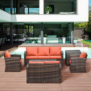 6 Pieces Rattan Garden Furniture Set, 7 Seater Wicker Outdoor Furniture Set with Storage Tea Table & Side Table, Sectional Garden Sofa Set with Cushions, Orange