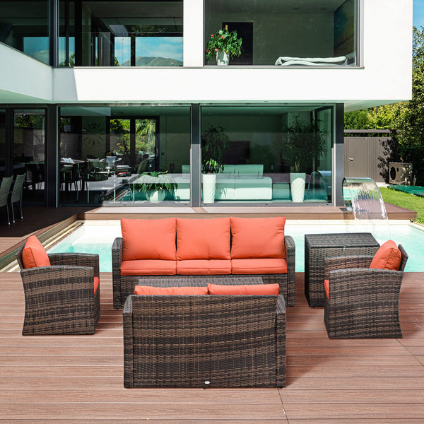 6 Pieces Rattan Garden Furniture Set, 7 Seater Wicker Outdoor Furniture Set with Storage Tea Table & Side Table, Sectional Garden Sofa Set with Cushions, Orange