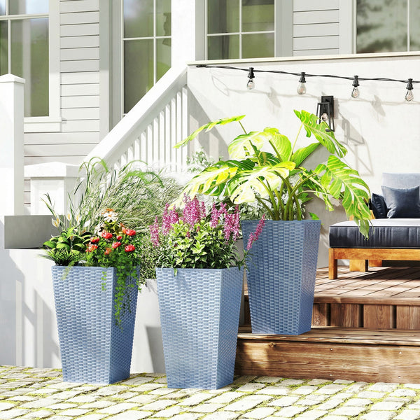 Tall Planters for Outdoor Plants Set of 3, 24 In Taper Planters with Drainage Holes, Rattan Decor Plant Pots for Indoor Outdoor Front Porch Patio Backyard, Light Gray