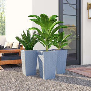 Tall Planters for Outdoor Plants Set of 3, 24 In Taper Planters with Drainage Holes, Rattan Decor Plant Pots for Indoor Outdoor Front Porch Patio Backyard, Light Gray