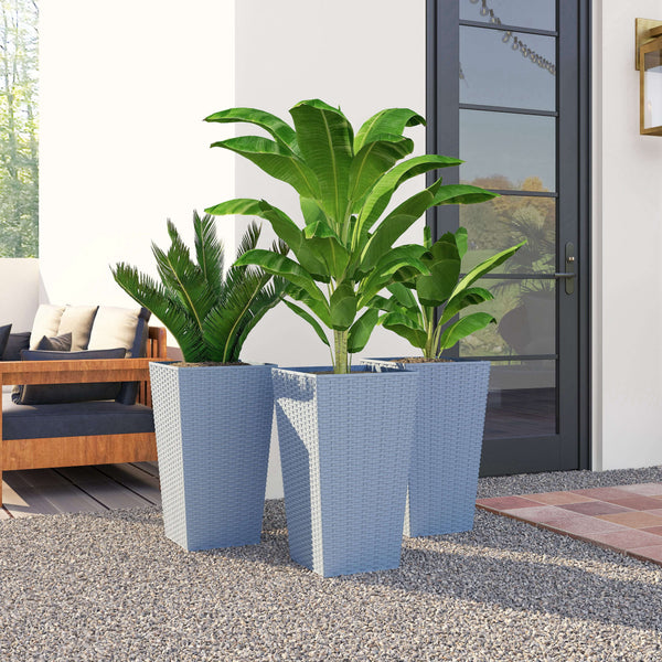 Tall Planters for Outdoor Plants Set of 3, 24 In Taper Planters with Drainage Holes, Rattan Decor Plant Pots for Indoor Outdoor Front Porch Patio Backyard, Light Gray