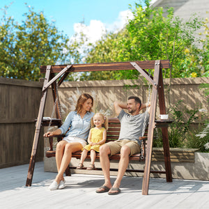3 Seat Porch Swing with Stand, Wooden Patio Swing Chair with Side Tables and Metal Chains, Outdoor Swing Bench for Garden, Poolside, Backyard, Carbonized Brown