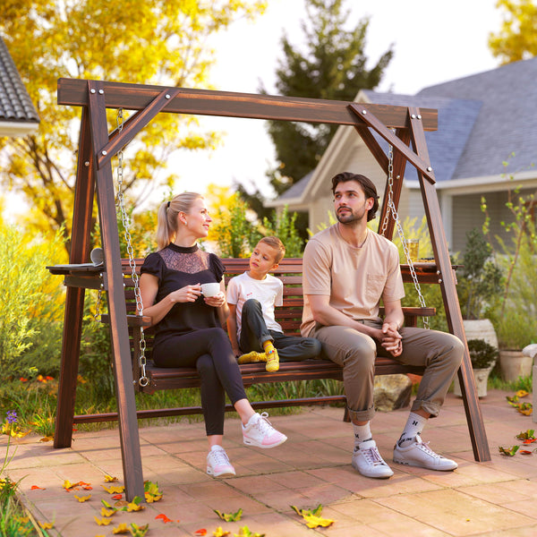 3 Seat Porch Swing with Stand, Wooden Patio Swing Chair with Side Tables and Metal Chains, Outdoor Swing Bench for Garden, Poolside, Backyard, Carbonized Brown