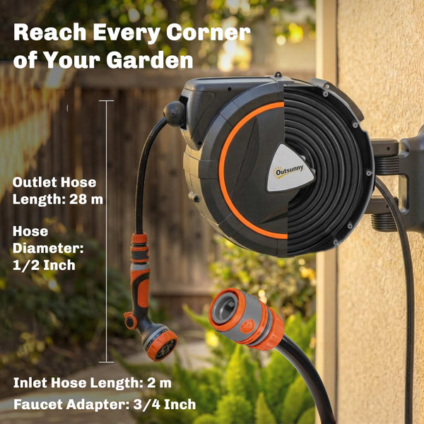 Retractable Hose Reel Wall Mounted, 28+2m Garden Hose Pipe Reel with Auto Retraction, Self-Locking, Slow Return System, 180° Swivel Bracket, 12-Pattern Nozzles and Faucet Adaptor, Orange