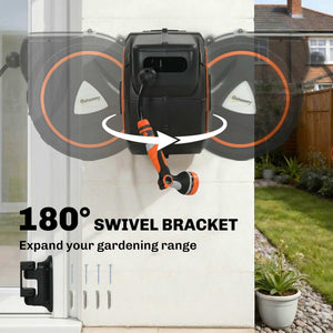 Retractable Hose Reel Wall Mounted, 28+2m Garden Hose Pipe Reel with Auto Retraction, Self-Locking, Slow Return System, 180° Swivel Bracket, 12-Pattern Nozzles and Faucet Adaptor, Orange