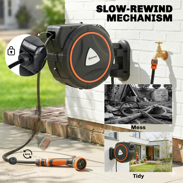 Retractable Hose Reel Wall Mounted, 28+2m Garden Hose Pipe Reel with Auto Retraction, Self-Locking, Slow Return System, 180° Swivel Bracket, 12-Pattern Nozzles and Faucet Adaptor, Orange