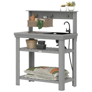 Outdoor Potting Bench Table with Faucet, Removable Sink, Hooks and Storage Shelves, Wood Work Bench Workstation for Greenhouse, Garden, Patio, Grey