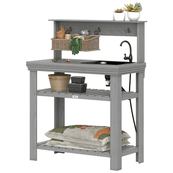 Outdoor Potting Bench Table with Faucet, Removable Sink, Hooks and Storage Shelves, Wood Work Bench Workstation for Greenhouse, Garden, Patio, Grey