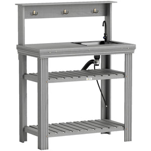Outdoor Potting Bench Table with Faucet, Removable Sink, Hooks and Storage Shelves, Wood Work Bench Workstation for Greenhouse, Garden, Patio, Grey