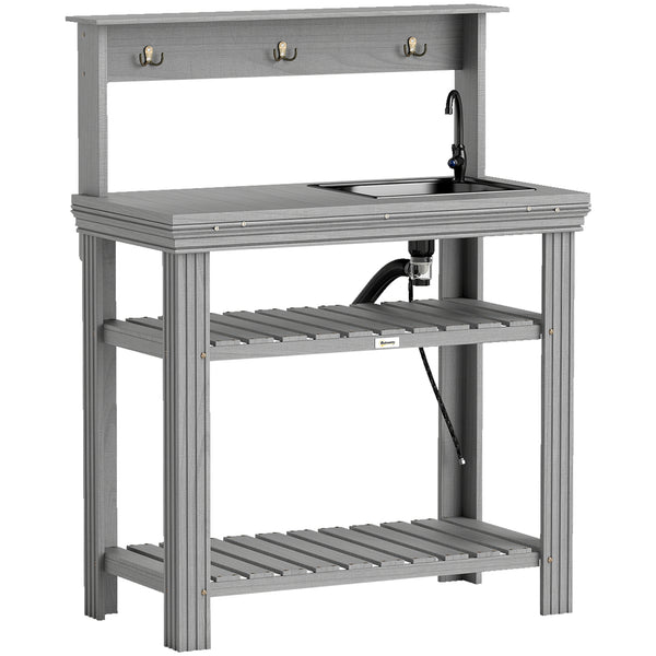 Outdoor Potting Bench Table with Faucet, Removable Sink, Hooks and Storage Shelves, Wood Work Bench Workstation for Greenhouse, Garden, Patio, Grey