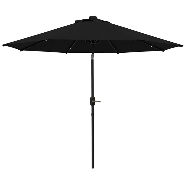 2.7m Patio Garden Umbrella Outdoor Parasol with Tilt Crank and 24 LEDs Lights (Black)