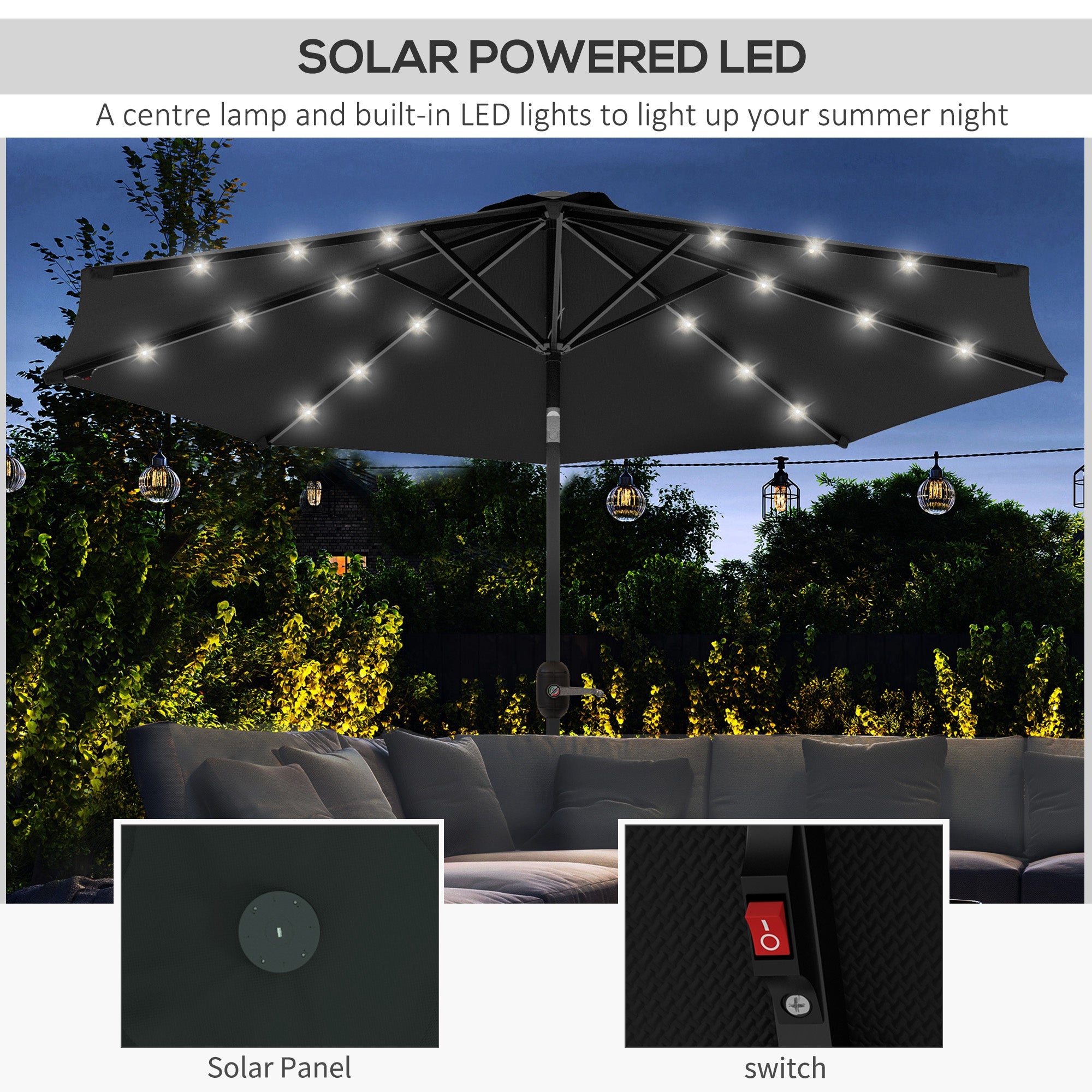 9ft Solar Patio Umbrella Outdoor Sunshade 24 LED Lights Tilt Canopy, Black