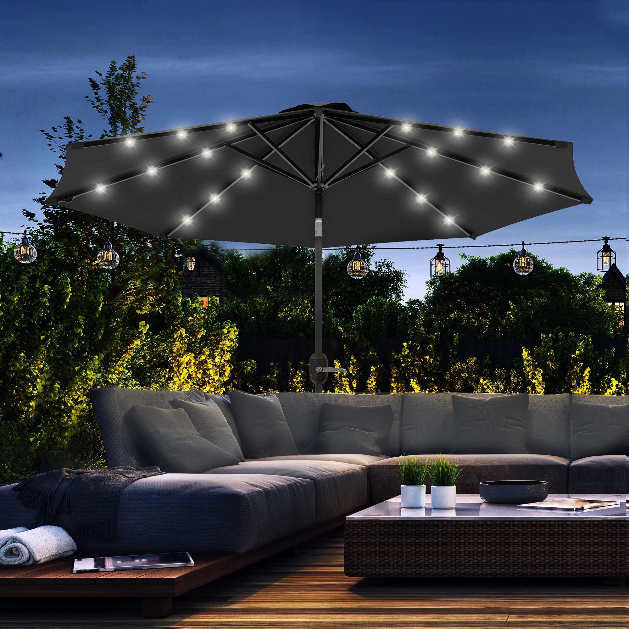 Outsunny 9ft Solar Patio Umbrella Outdoor Sunshade 24 LED Lights Tilt Canopy, Black