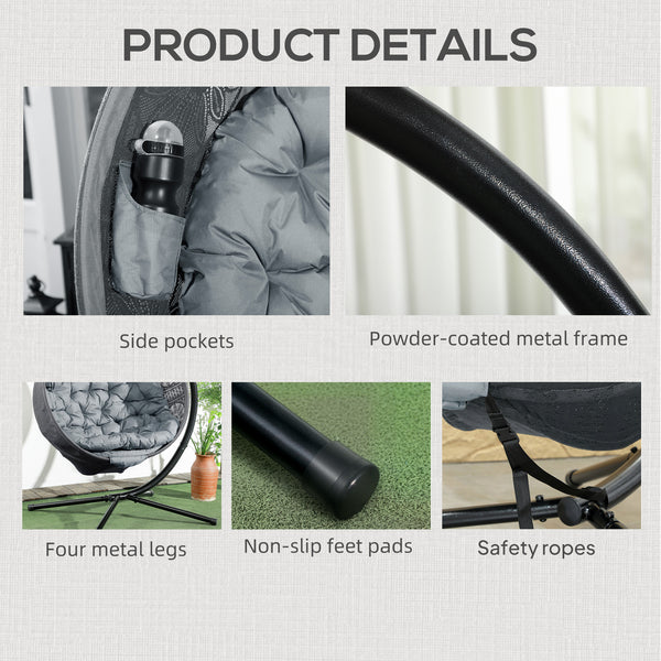 Outdoor Hanging Chair, Swing Chair with Metal Stand, Thick Padded Cushion, Foldable Basket and Side Pocket, for Indoor and Outdoor, Charcoal Grey