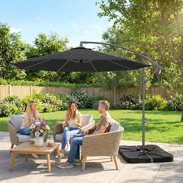 3 m Cantilever Parasol with Umbrella Weights, Cross Base, Offset Outdoor Umbrella with Protective Cover, Crank Handle, Hanging Sun Shade, Black