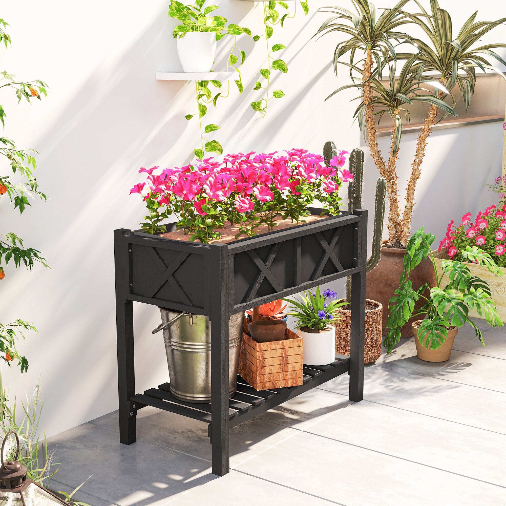 plant pot storage Outsunny Wooden Raised Garden Bed with Storage Shelf, Drainage Holes and Liner, 34" x 18" x 30",Black