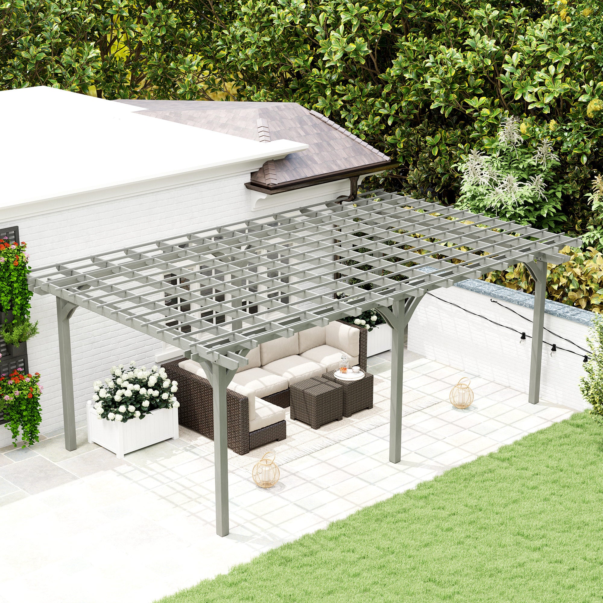 trellis climbing plants shade Outsunny 12' x 20' Outdoor Pergola, Wood Gazebo Grape Trellis with Stable Structure for Climbing Plant Support, Gray