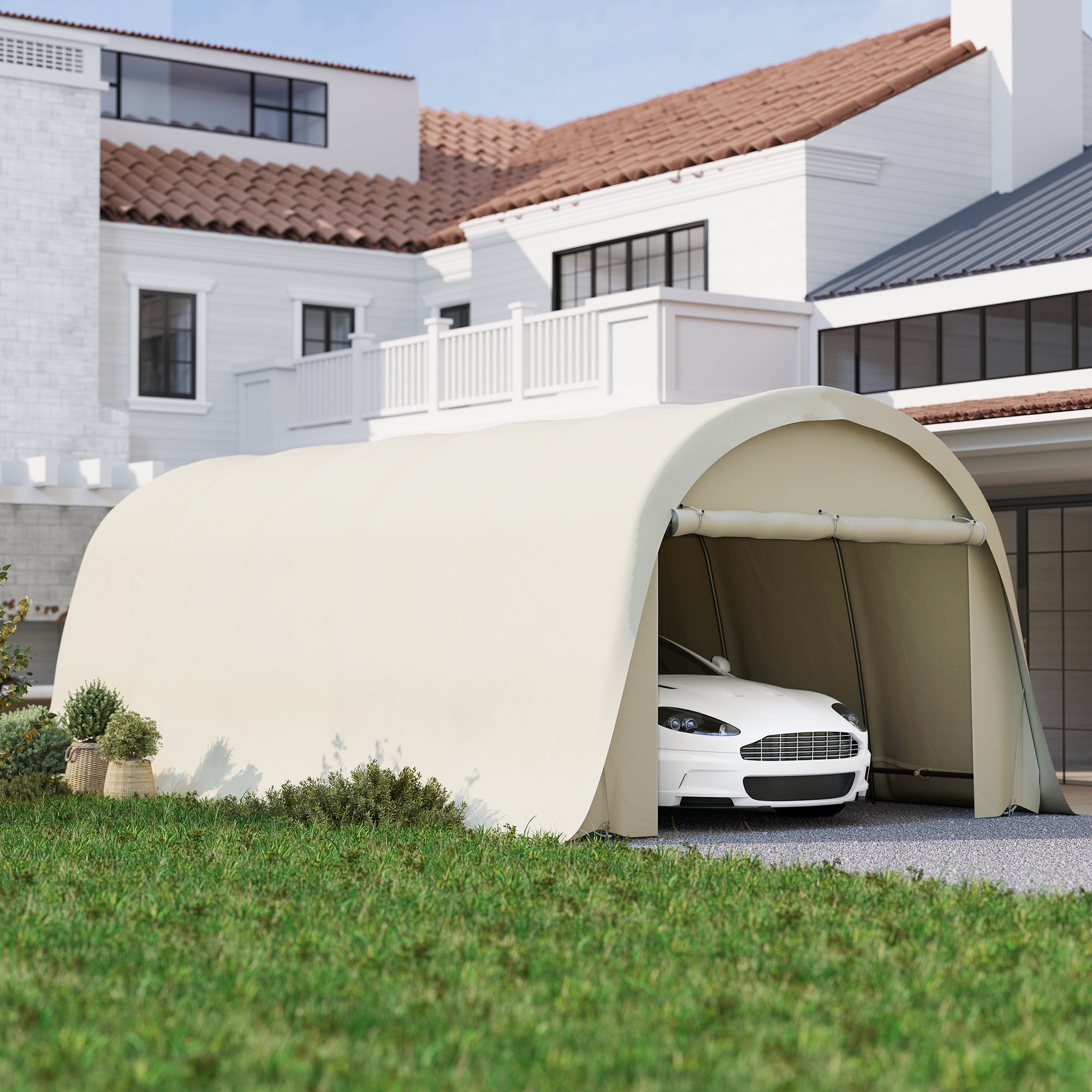 car tent house Outsunny 12' x 23.6' Heavy Duty Carport, UPF50+ Portable Garage Car Canopy Tent with Galvanized Frame, Large Door, Beige