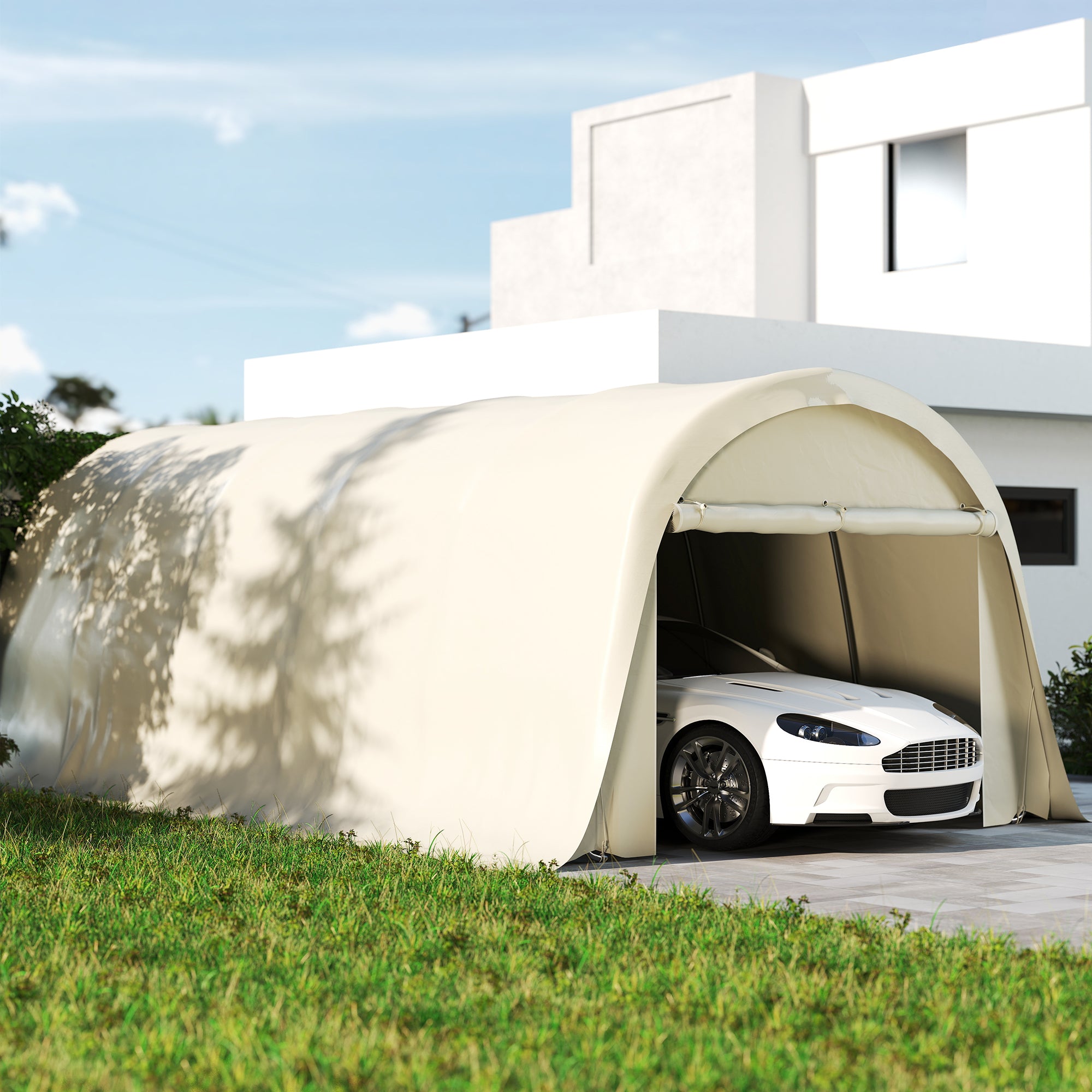 12' x 23.6' Heavy Duty Carport with Roll-Up Door, Beige